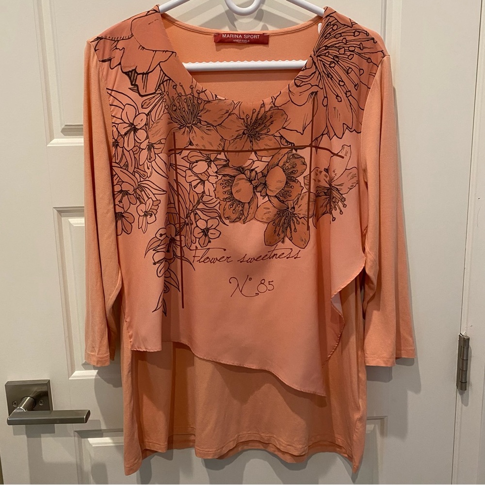 Marina Sport Peach Flower 3/4 Sleeve Top Size M